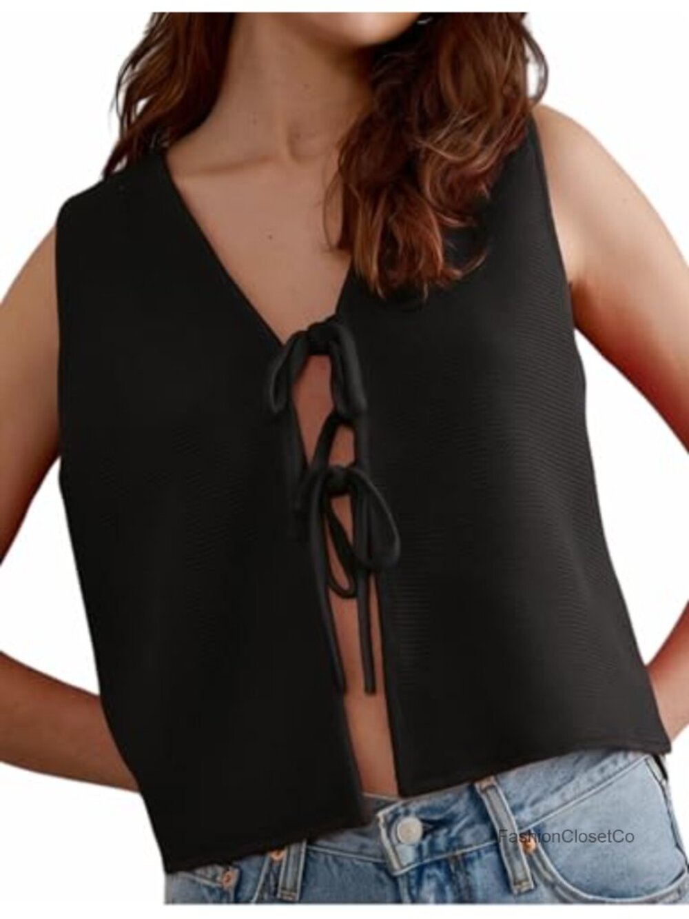 Crochet Sleeveless Knit Cardigan Vest Tie Front Open Sweater Top